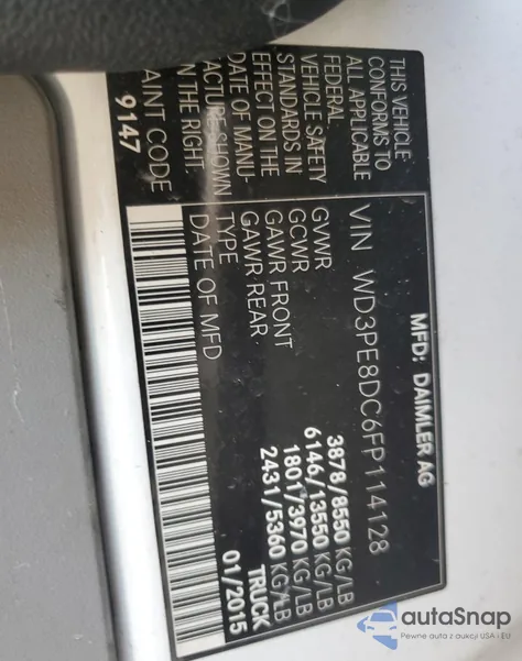 2015 Mercedes-Benz Sprinter 2500 из США, поврежденный, VIN WD3PE8DC6FP114128